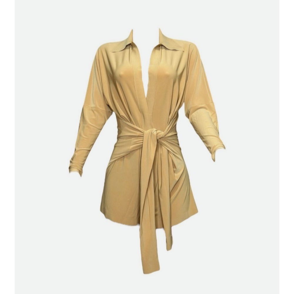 NWT Norma Kamali Romper Gold Poly‎ Spandex Sash Belt Collared V-Neck SZ XS - Picture 4 of 16